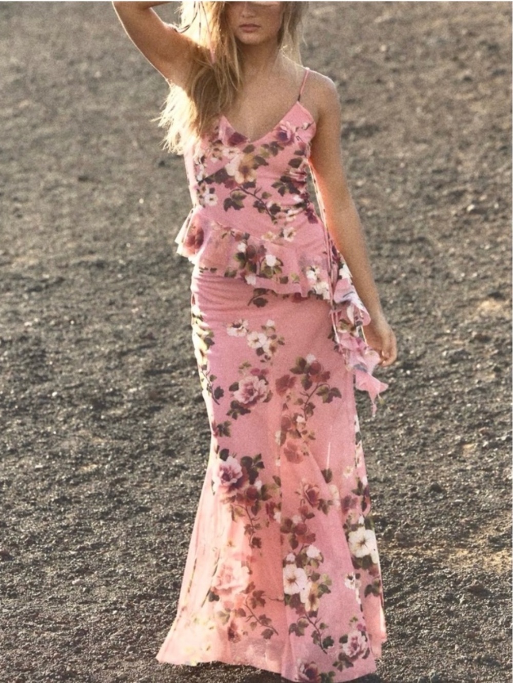 NWT Zara Floral Printed Tulle 2 Piece Asymmetrical Ruffle Top & Maxi Skirt
